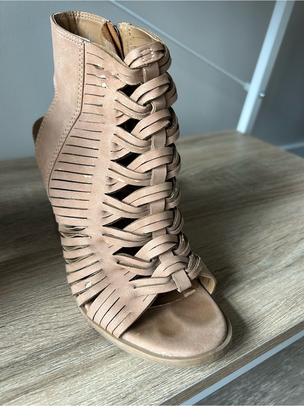 DV by Dolce Vita Tan Woven Peep-Toe High Heel Booties - Picture 8 of 8